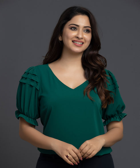 Deep Curve Vneck Chiffon Top Green